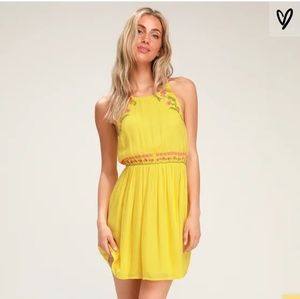 SUNSHINE DELIGHT YELLOW EMBROIDERED MINI DRESS